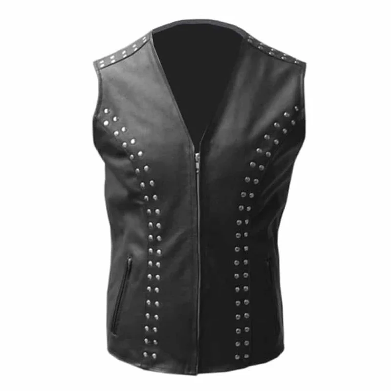 Mens Motorcycle Biker Style Vest Black Leather Waistcoat - B22