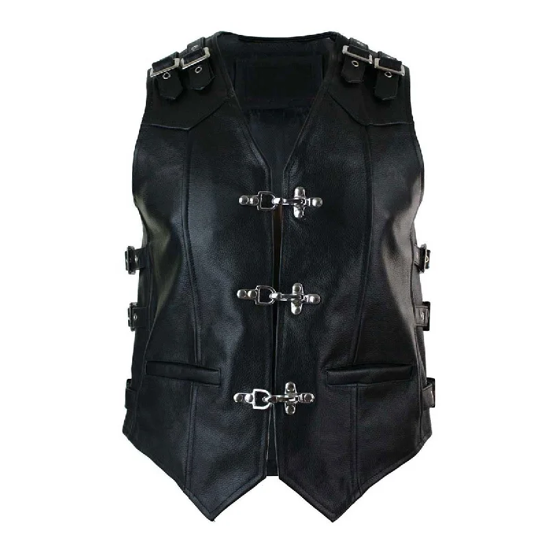 Mens Motorcycle Bikers Waistcoat Black  Leather Style Vest - B23 - Blk