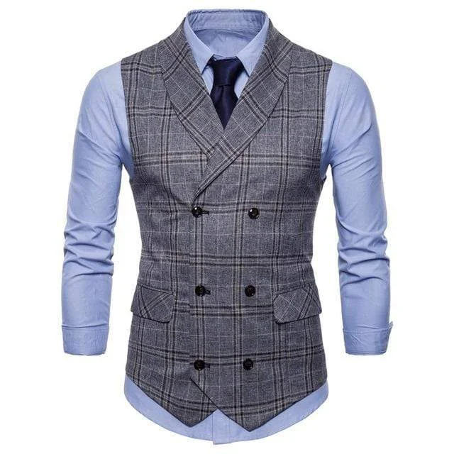 Men's V-Neck Double-breasted Plaid Slim Fit Suit Vests Formal Business Sleeveless Dress Suit