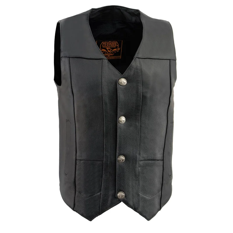 Milwaukee Leather LKM3700 Men's Black Leather Classic V-Neck Motorcycle Rider Vest w/ Buffalo Nickel Snaps Closure