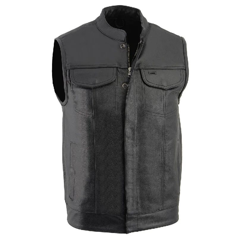 Milwaukee Leather LKM3710 Men's Black Leather Club Style Motorcycle Rider Vest W/ Dual Closure Zipper and Snaps