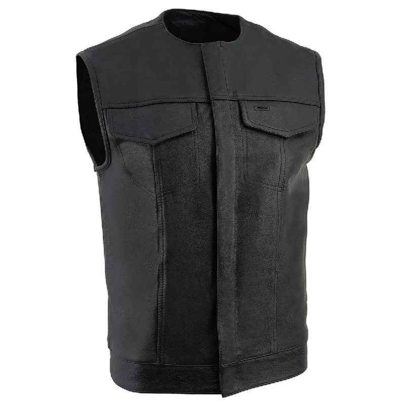 Milwaukee Leather LKM3721 Men's Black Leather Collarless Club Style Motorcycle Rider Vest w/Concealed Snap Closure