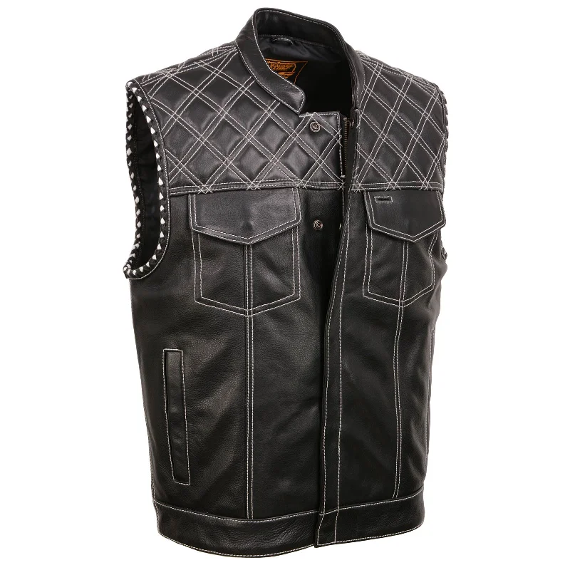 Milwaukee Leather MLM3525 Men's Black 'Paisley' Accented White Stitching Leather Vest – w/Armhole Trim Open Collar Design