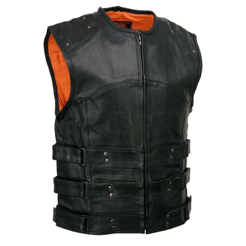 Milwaukee Leather MLM3530 Men's Black Swat Tactical Style Leather Vest Club Patch Accessible Single Panel Back Vest