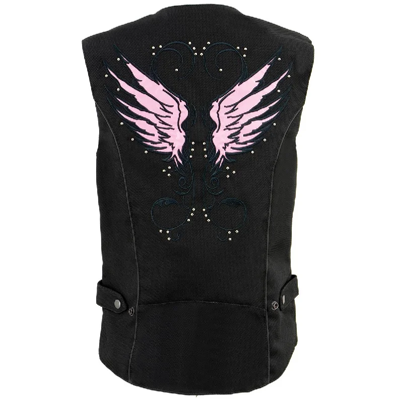 Milwaukee Leather SH1955 Ladies Black and Pink Textile Vest with Wing