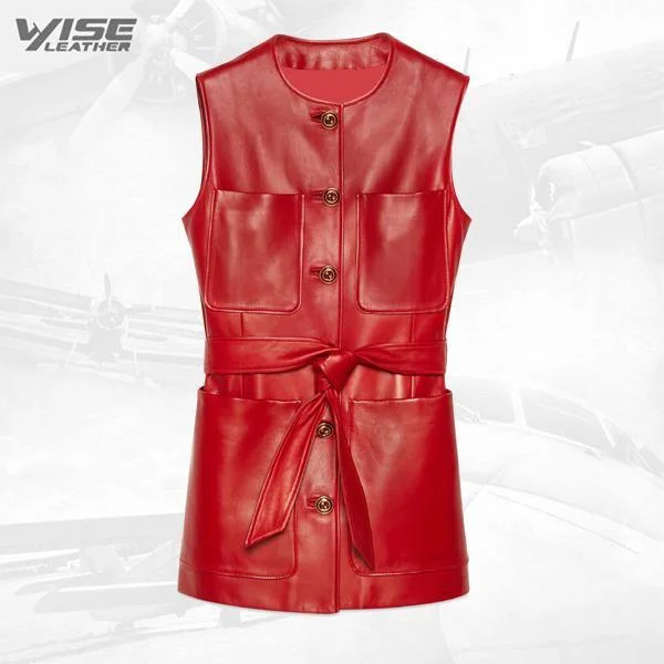 Plonge Leather Long Vest In Red