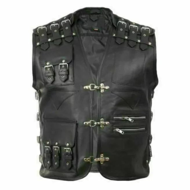 Punk Men's Genuine Leather Heavy Buckled Motorcycle Biker Vest