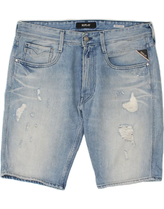 REPLAY Mens Anbass Distressed Denim Shorts W36 Large Blue Cotton