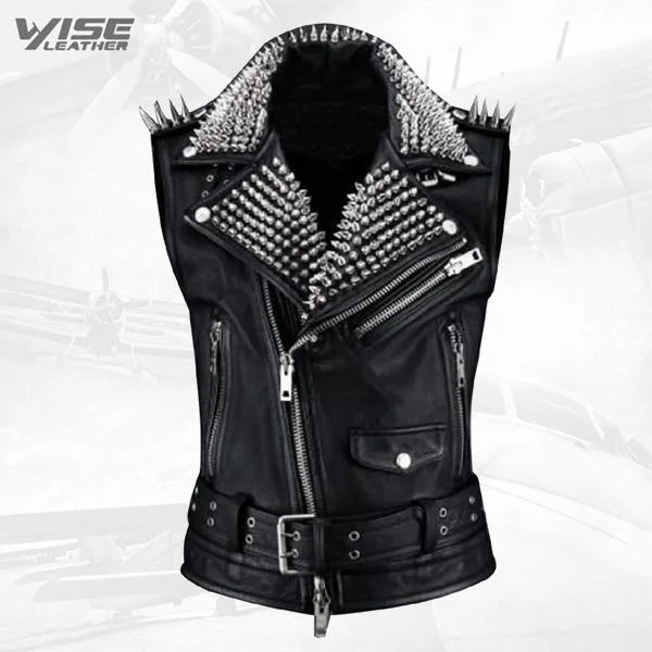 Silver Long Spiked Studded Black Leather Vest