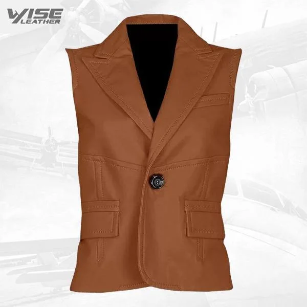 Timeless One Button Tan Leather Vest