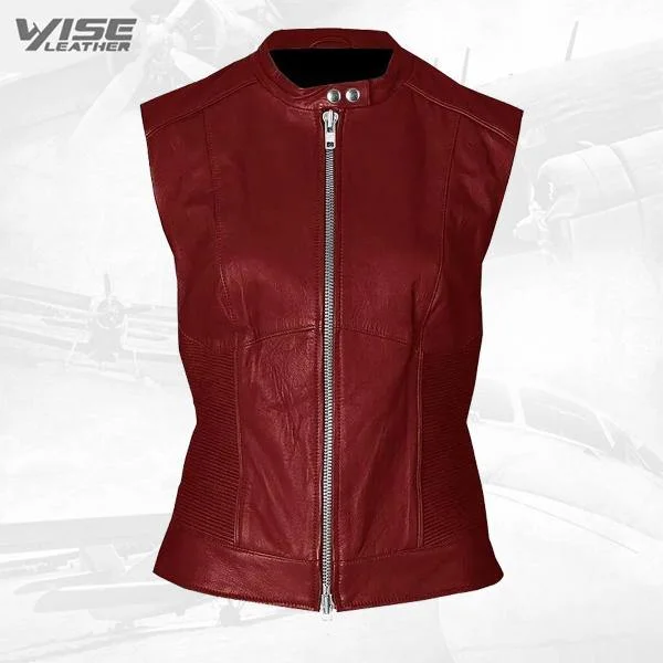 Vintage Look Women Maroon Leather Vest