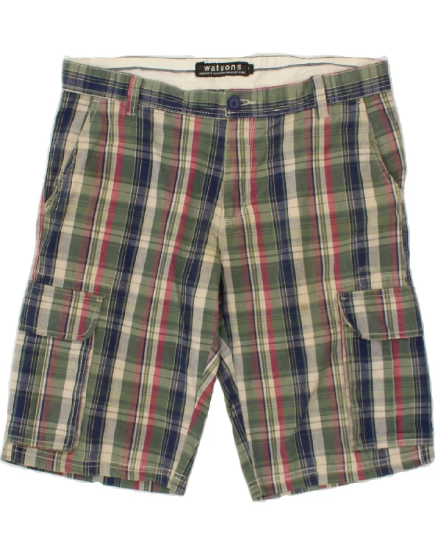 WATSONS Mens Cargo Shorts IT 54 2XL W38 Green Check Cotton