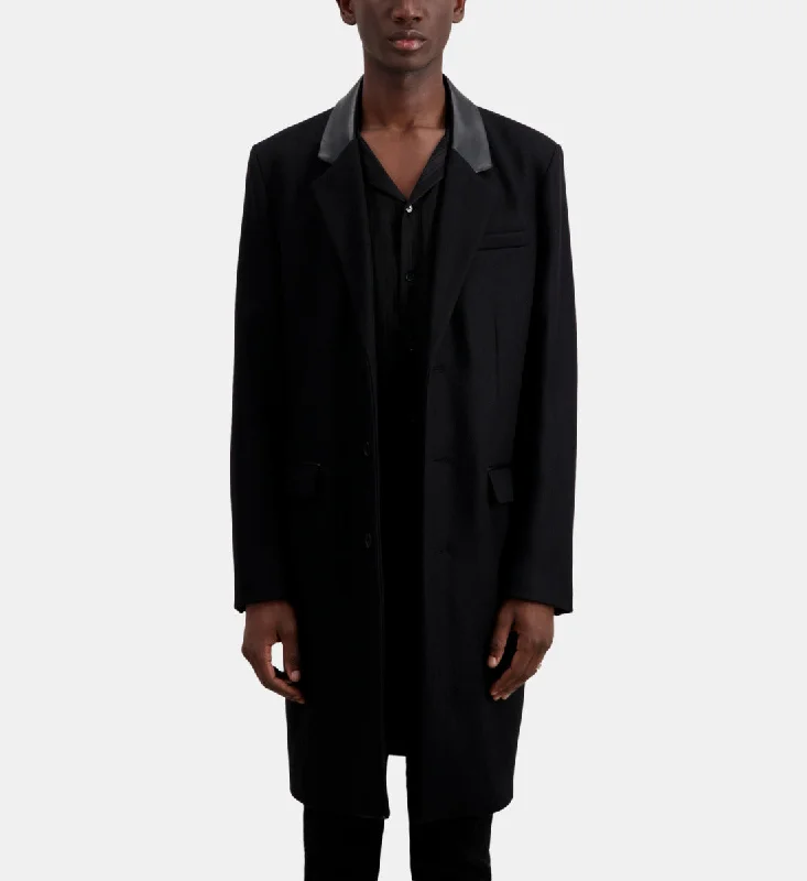 Long Coat In Wool Blend With Leather Details