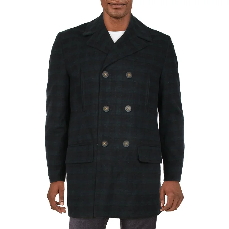 Mens Wool Blend Plaid Pea Coat