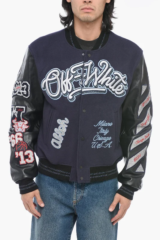 Off-White Leather Varsity Bomber with Patchwork