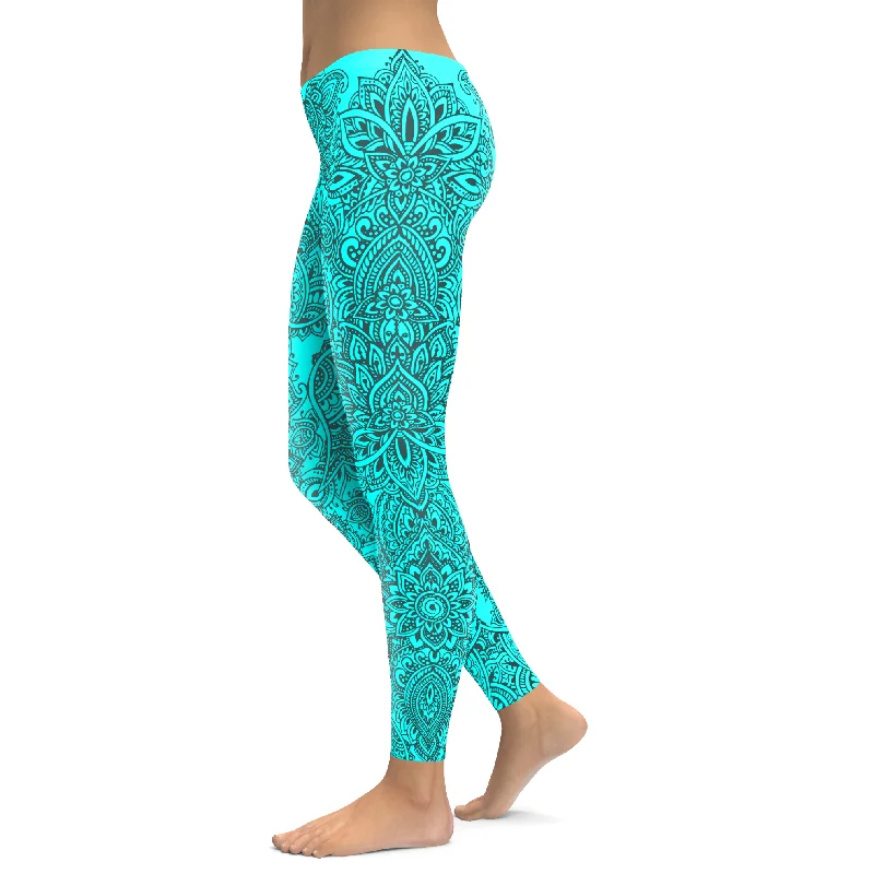 Aqua and Slate Grey Henna Tattoo Leggings