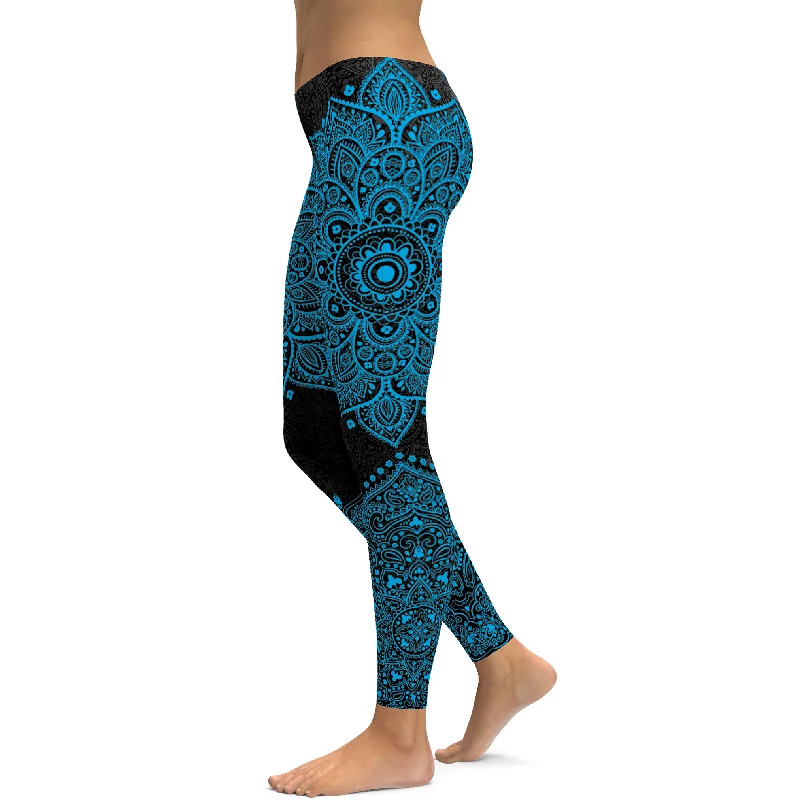 Black and Cyan Blue Mandala Leggings