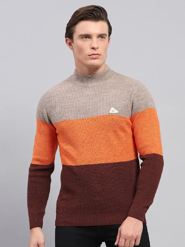 Men Beige & Brown Stripe High Neck Full Sleeve Pullover