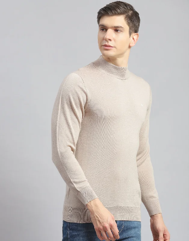 Men Beige Solid T Neck Full Sleeve Pullover