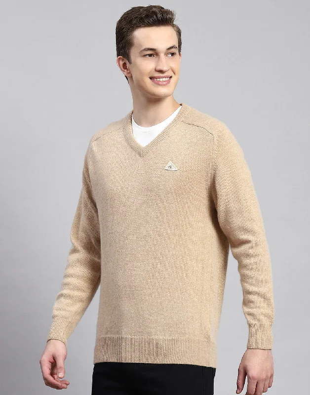 Men Beige Solid V Neck Full Sleeve Pullover