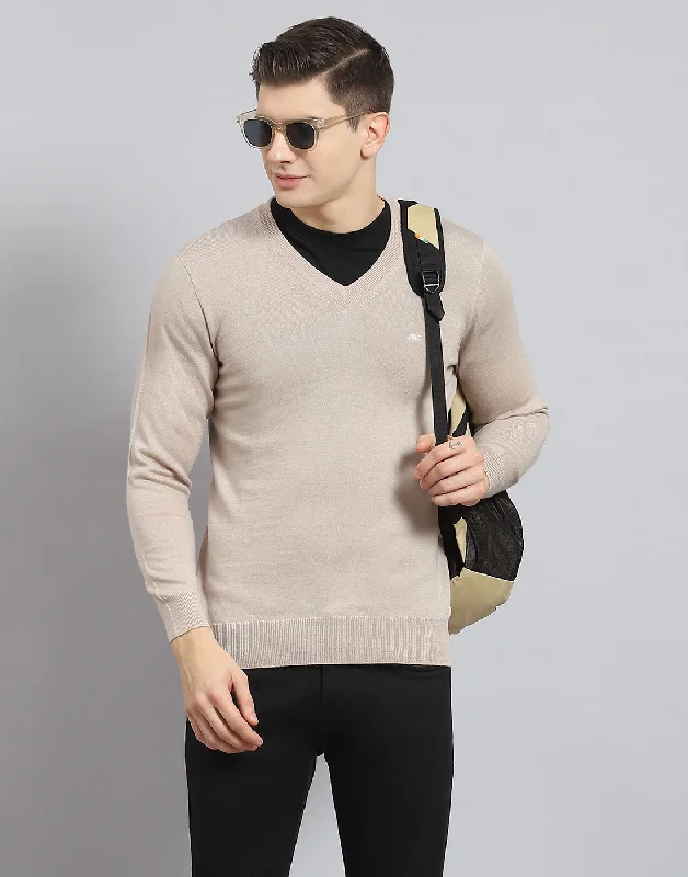 Men Beige Solid V Neck Full Sleeve Pullover