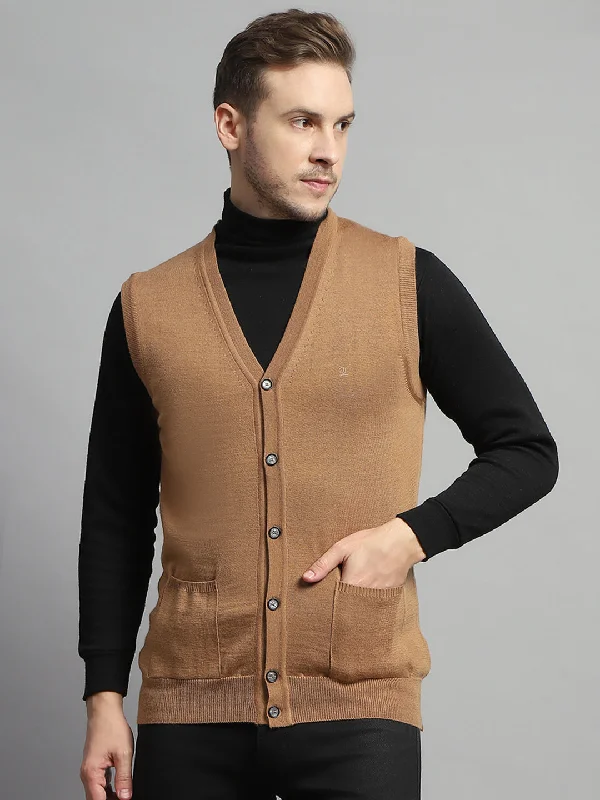 Men Beige Solid V Neck Sleeveless Cardigan