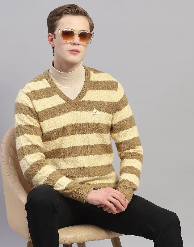 Men Beige Stripe V Neck Full Sleeve Pullover