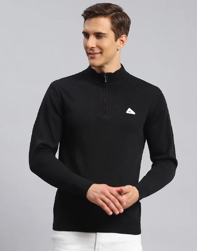 Men Black Solid High Neck Full Sleeve Pullover