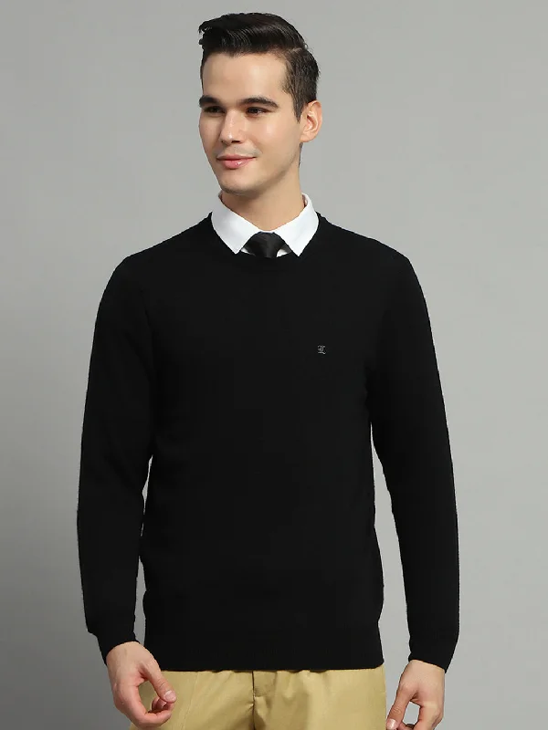 Men Black Solid Round Neck Full Sleeve Pullover