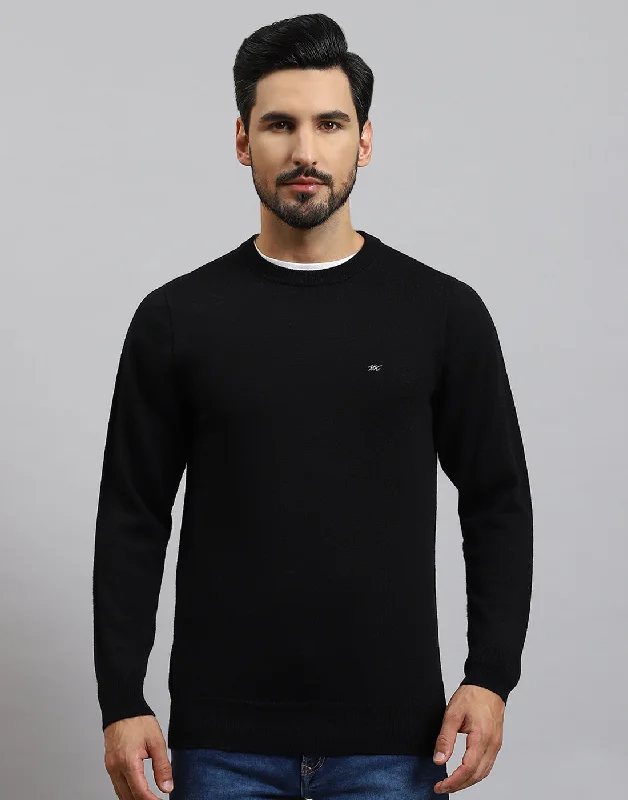 Men Black Solid Round Neck Full Sleeve Pullover