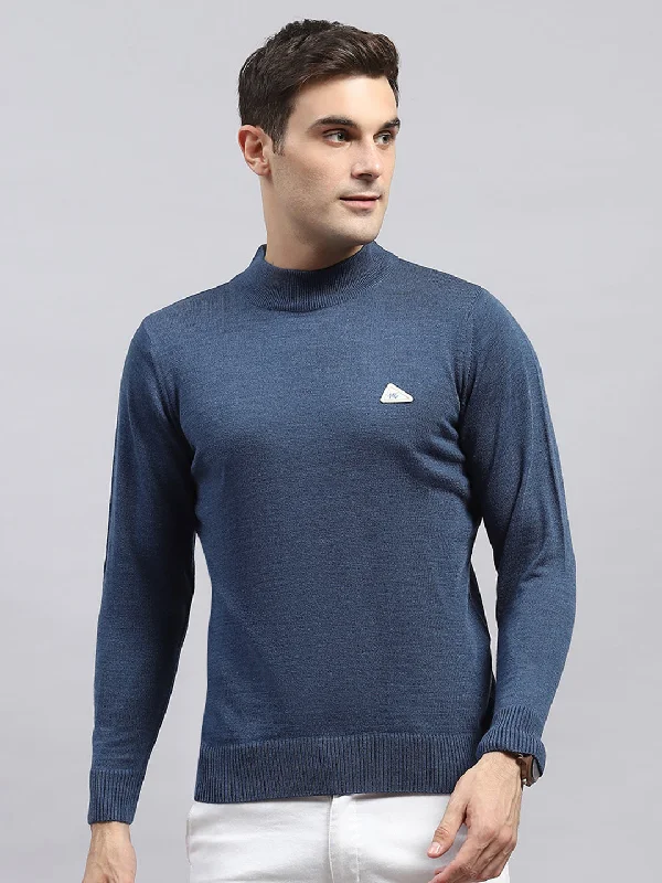 Men Blue Solid High Neck Full Sleeve Pullover