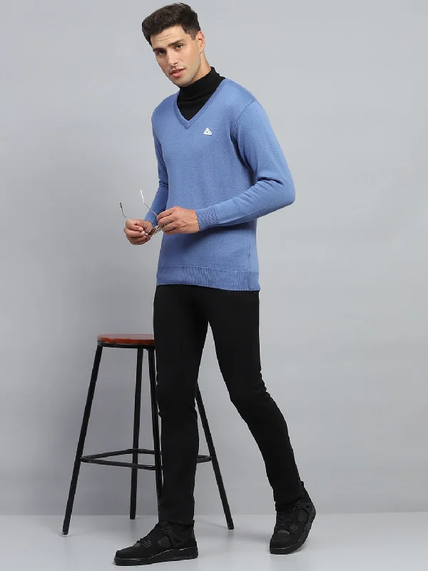 Men Blue Solid V Neck Full Sleeve Pullover