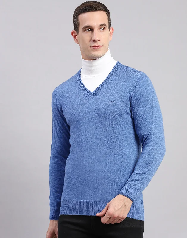 Men Blue Solid V Neck Full Sleeve Pullover