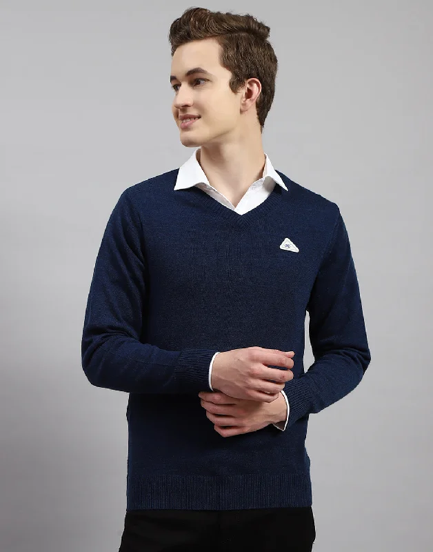 Men Blue Solid V Neck Full Sleeve Pullover