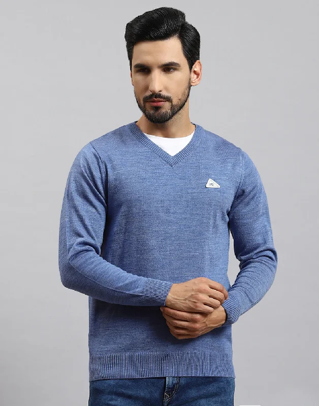 Men Blue Solid V Neck Full Sleeve Pullover