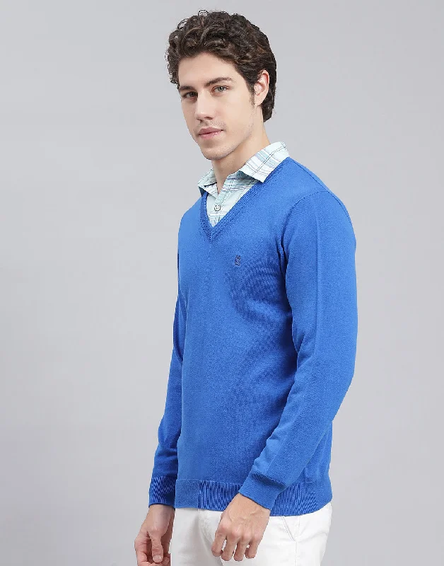 Men Blue Solid V Neck Full Sleeve Pullover