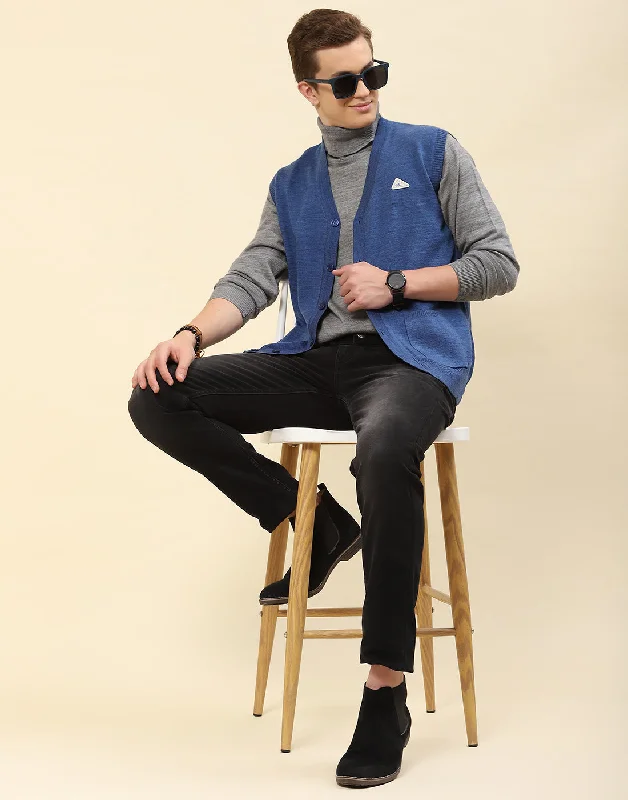 Men Blue Solid V Neck Sleeveless Cardigan