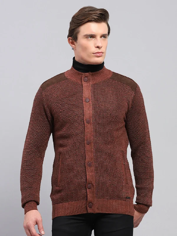 Men Brown Self Design High Neck Full Sleeve Pullover