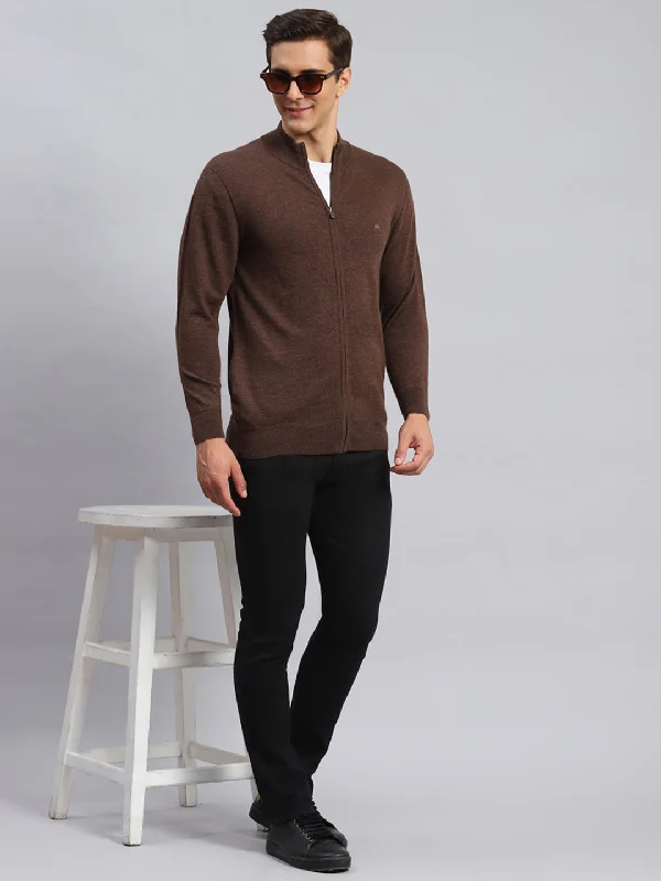 Men Brown Solid Pure wool Pullover