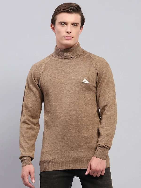 Men Brown Solid Turtle Neck Full Sleeve Pullover