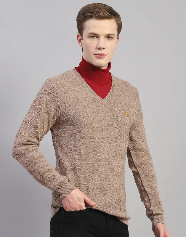 Men Brown Solid V Neck Full Sleeve Pullover