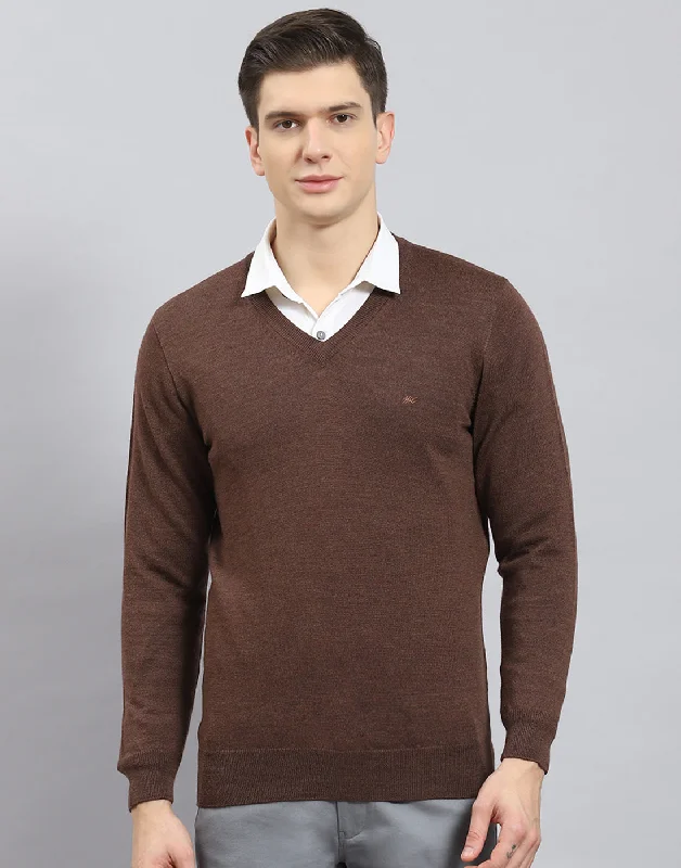 Men Brown Solid V Neck Full Sleeve Pullover