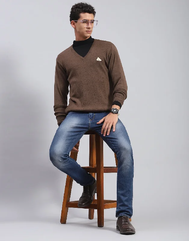 Men Brown Solid V Neck Full Sleeve Pullover