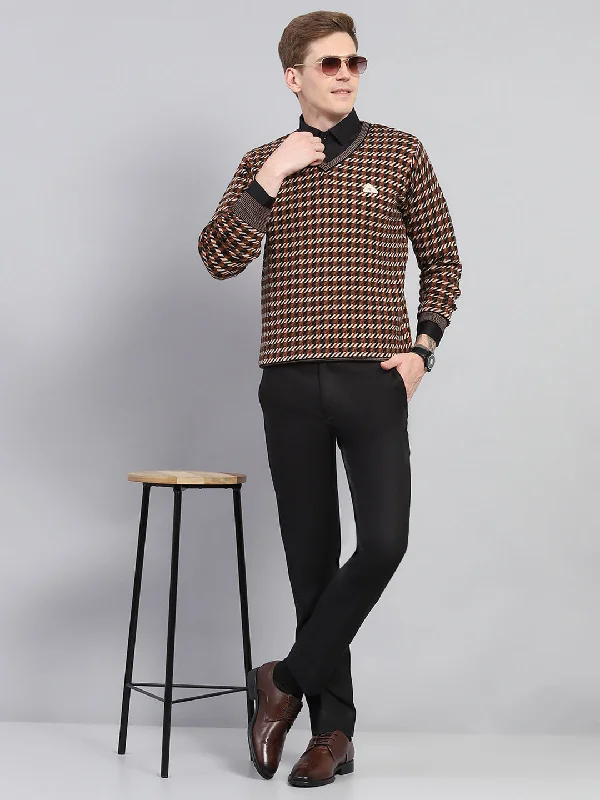 Men Brown Stripe V Neck Full Sleeve Pullover