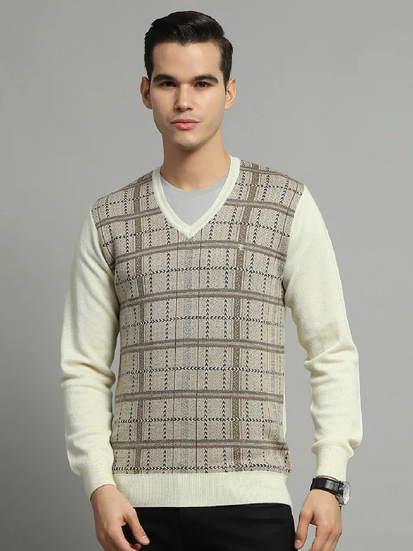 Men Cream Check V Neck Full Sleeve Pullover