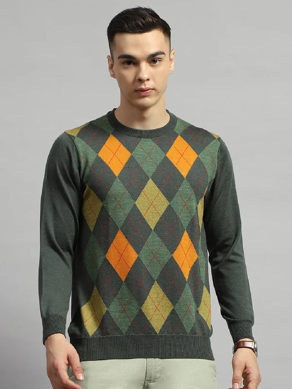 Men Green Geometric Round Neck Full Sleeve Pullover