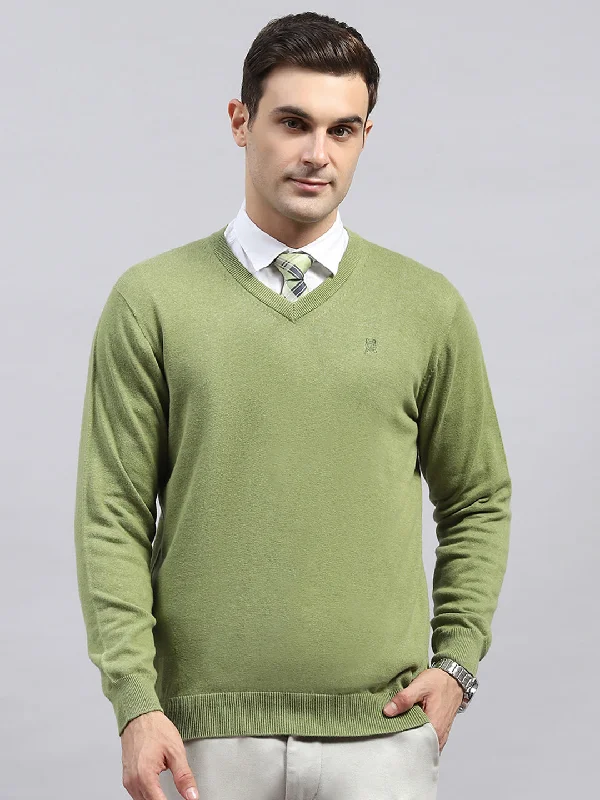 Men Green Solid V Neck Full Sleeve Pullover