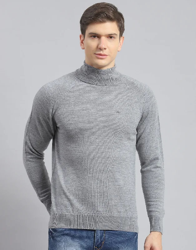 Men Grey Melange Solid High Neck Full Sleeve Pullover