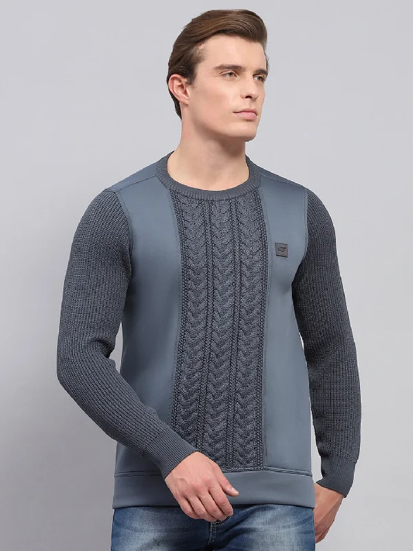 Men Grey Self Design Round Neck Full Sleeve Pullover