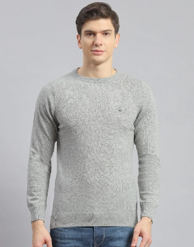 Men Grey Solid Round Neck Full Sleeve Pullover